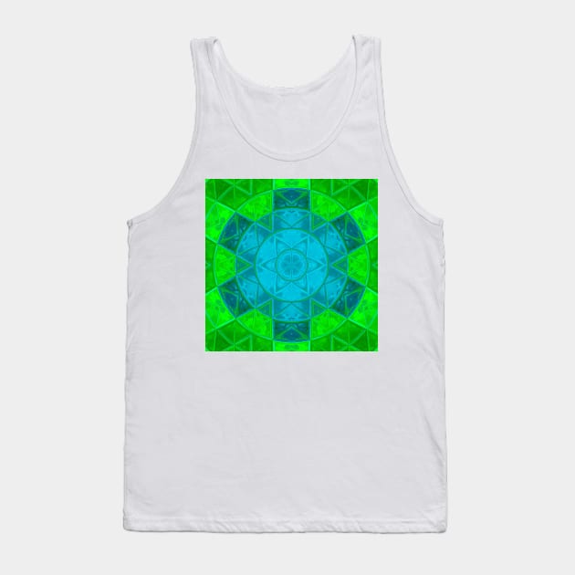 Mosaic Kaleidoscope Flower Green and Blue Tank Top by WormholeOrbital